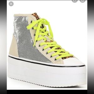 Steve Madden glitter platform sneakers with lime green laces
